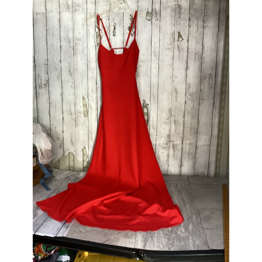Flo Atelier Handmade Red Sheath Satin Spaghetti Straps Long Bridesmaid Dress